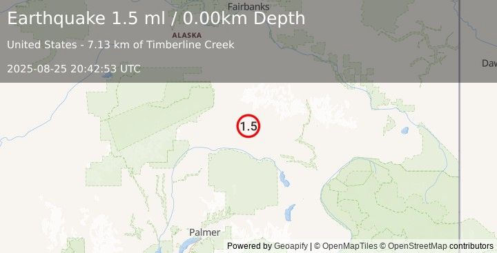 Earthquake 67 km ESE of Cantwell, Alaska (1.5 ml) (2025-08-25 20:42:53 UTC)