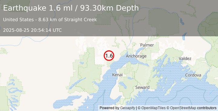 Earthquake 43 km WNW of Tyonek, Alaska (1.6 ml) (2025-08-25 20:54:14 UTC)