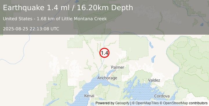 Earthquake 14 km WSW of Susitna North, Alaska (1.4 ml) (2025-08-25 22:13:08 UTC)
