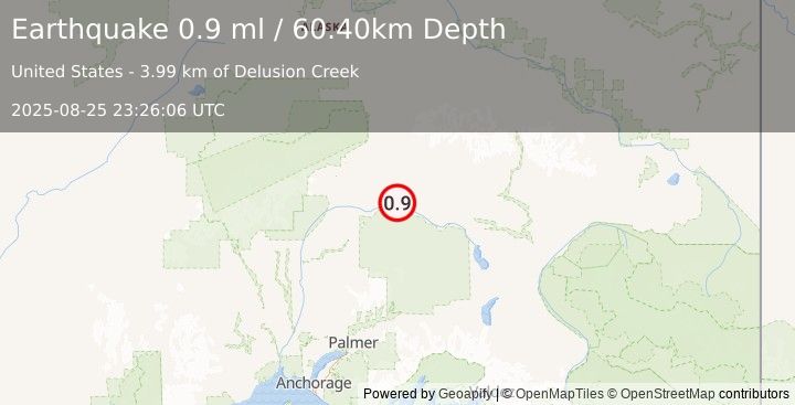 Earthquake 66 km SSE of Cantwell, Alaska (0.9 ml) (2025-08-25 23:26:06 UTC)