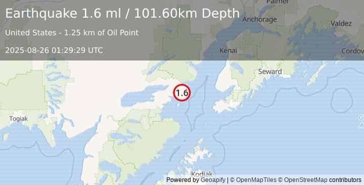 Earthquake 50 km ESE of Pedro Bay, Alaska (1.6 ml) (2025-08-26 01:29:29 UTC)