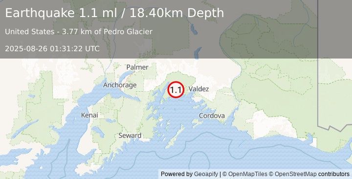 Earthquake 46 km NW of Tatitlek, Alaska (1.1 ml) (2025-08-26 01:31:22 UTC)