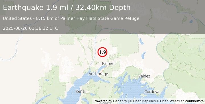 Earthquake 21 km SE of Susitna North, Alaska (1.9 ml) (2025-08-26 01:36:32 UTC)