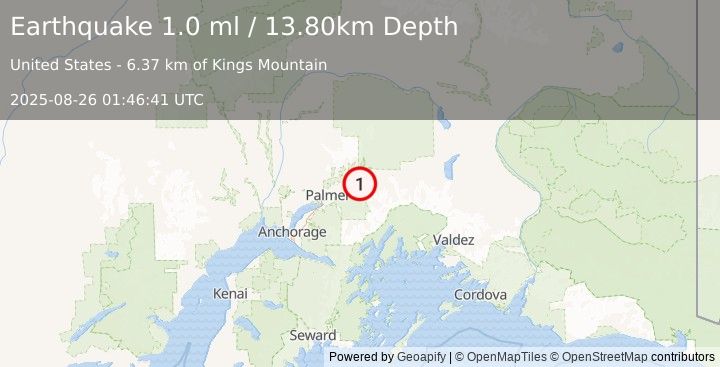Earthquake 9 km SSE of Chickaloon, Alaska (1.0 ml) (2025-08-26 01:46:41 UTC)