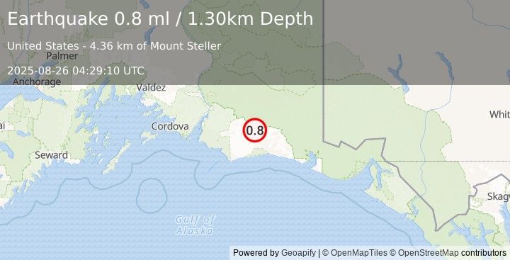 Earthquake 106 km S of McCarthy, Alaska (0.8 ml) (2025-08-26 04:29:10 UTC)