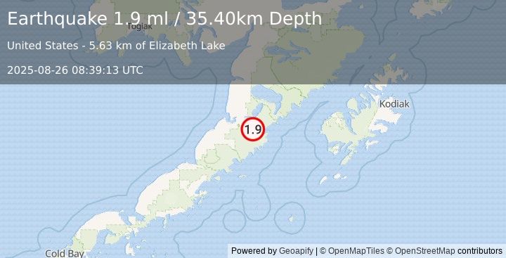 Earthquake 38 km ESE of Ugashik, Alaska (1.9 ml) (2025-08-26 08:39:13 UTC)
