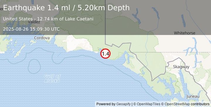 Earthquake 84 km WNW of Yakutat, Alaska (1.4 ml) (2025-08-26 15:09:30 UTC)