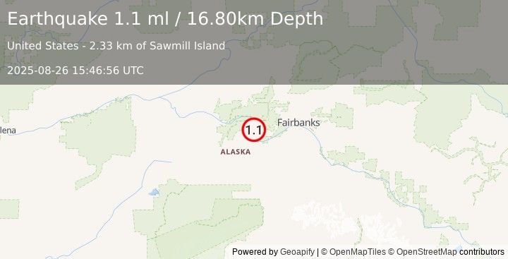 Earthquake 15 km N of Four Mile Road, Alaska (1.1 ml) (2025-08-26 15:46:56 UTC)