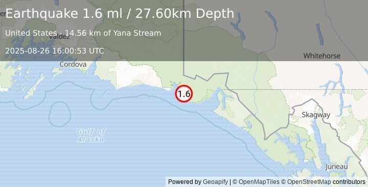 Earthquake 81 km WNW of Yakutat, Alaska (1.6 ml) (2025-08-26 16:00:53 UTC)