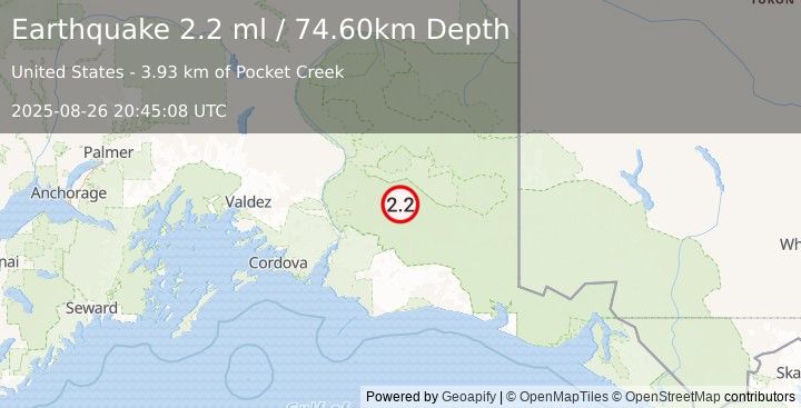 Earthquake 42 km SSW of McCarthy, Alaska (2.2 ml) (2025-08-26 20:45:08 UTC)