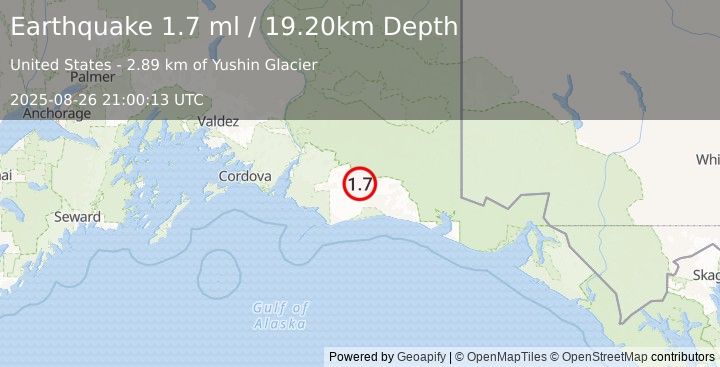 Earthquake 109 km S of McCarthy, Alaska (1.7 ml) (2025-08-26 21:00:13 UTC)