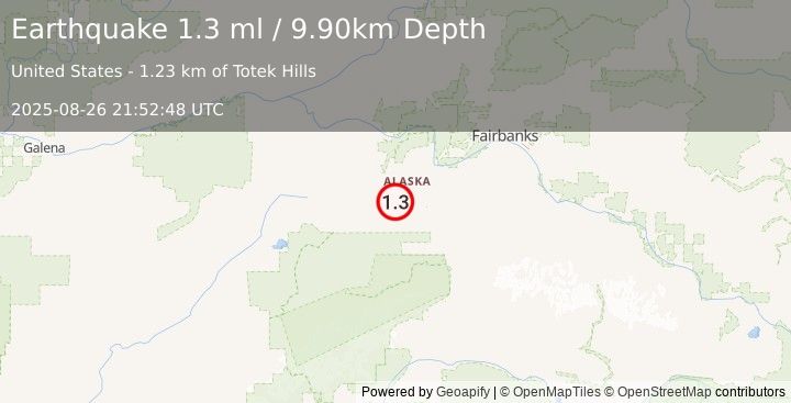 Earthquake 35 km W of Clear, Alaska (1.3 ml) (2025-08-26 21:52:48 UTC)