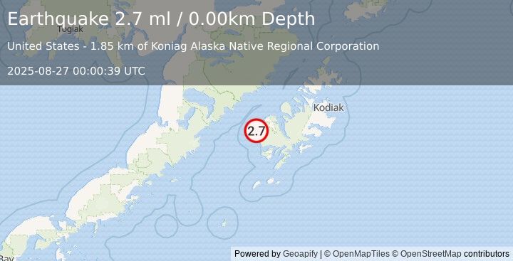 Earthquake 20 km SSW of Karluk, Alaska (2.7 ml) (2025-08-27 00:00:39 UTC)