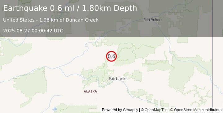 Earthquake 17 km E of Livengood, Alaska (0.6 ml) (2025-08-27 00:00:42 UTC)