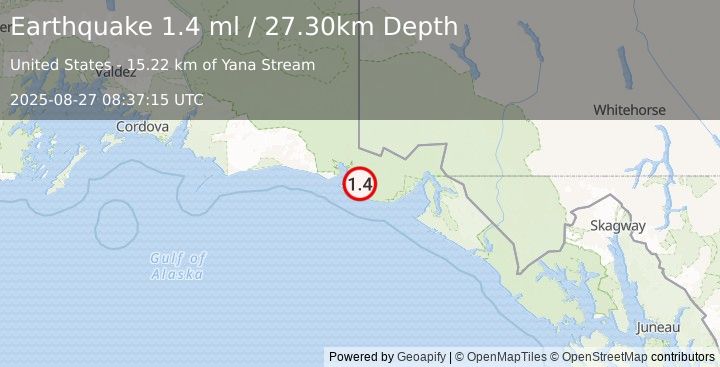 Earthquake 81 km WNW of Yakutat, Alaska (1.4 ml) (2025-08-27 08:37:15 UTC)