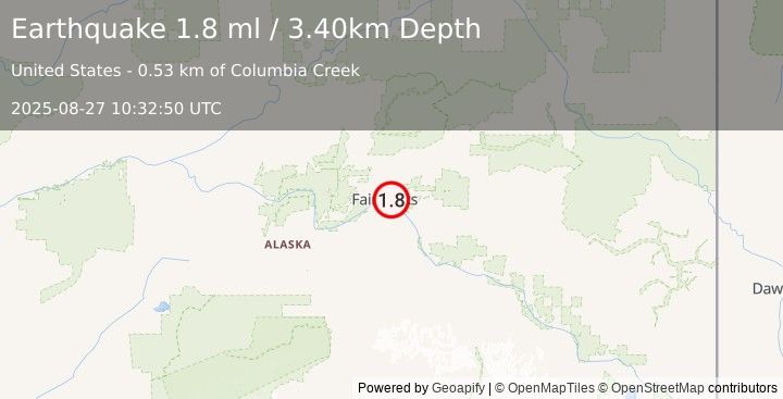 Earthquake 4 km NNW of Badger, Alaska (1.8 ml) (2025-08-27 10:32:50 UTC)
