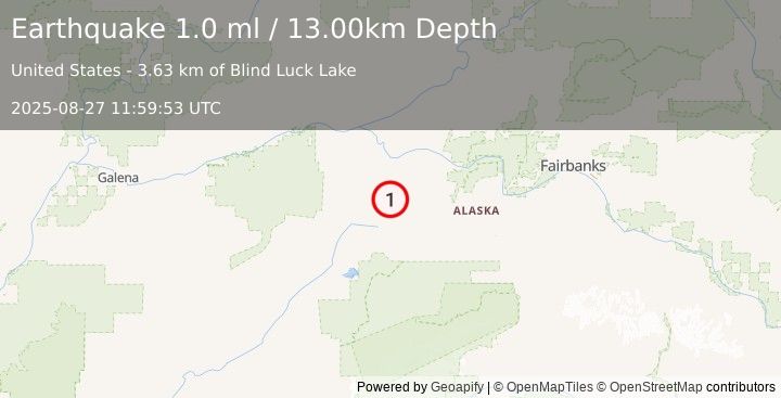 Earthquake 62 km SW of Manley Hot Springs, Alaska (1.0 ml) (2025-08-27 11:59:53 UTC)