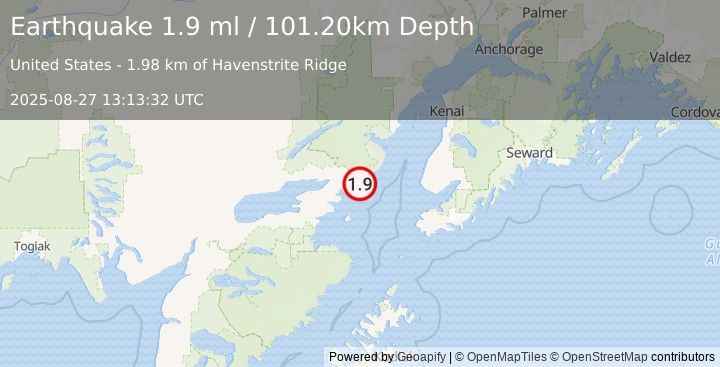 Earthquake 52 km E of Pedro Bay, Alaska (1.9 ml) (2025-08-27 13:13:32 UTC)