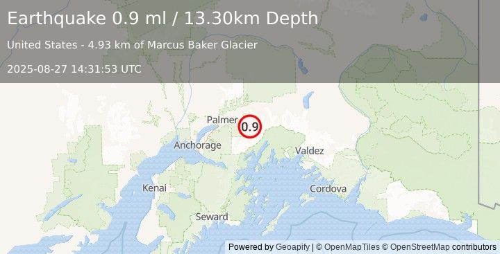 Earthquake 36 km E of Knik River, Alaska (0.9 ml) (2025-08-27 14:31:53 UTC)