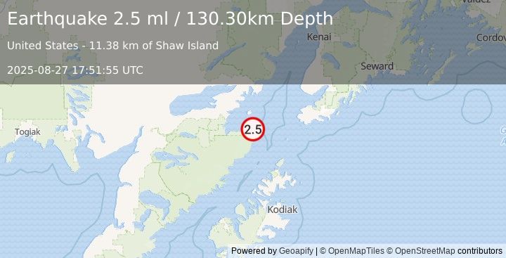 Earthquake 83 km SE of Pope-Vannoy Landing, Alaska (2.5 ml) (2025-08-27 17:51:55 UTC)
