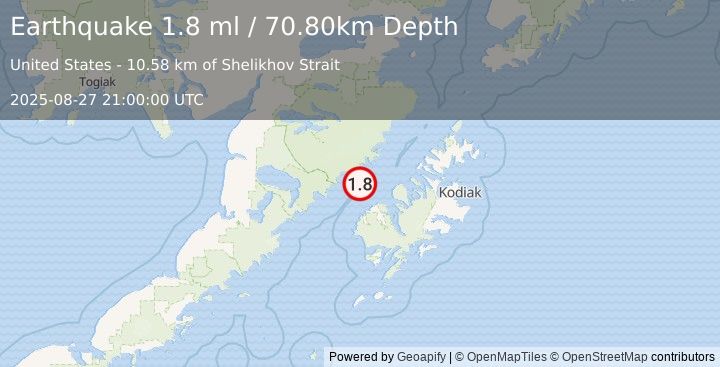 Earthquake 36 km NNW of Karluk, Alaska (1.8 ml) (2025-08-27 21:00:00 UTC)