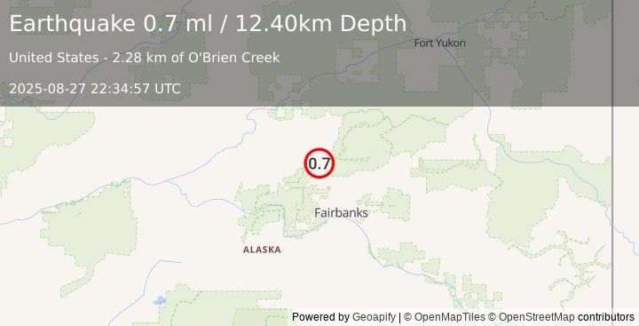 Earthquake 23 km SE of Livengood, Alaska (0.7 ml) (2025-08-27 22:34:57 UTC)