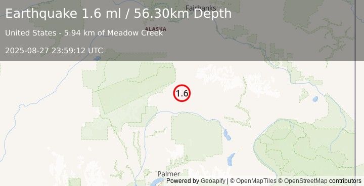 Earthquake 28 km SE of Cantwell, Alaska (1.6 ml) (2025-08-27 23:59:12 UTC)