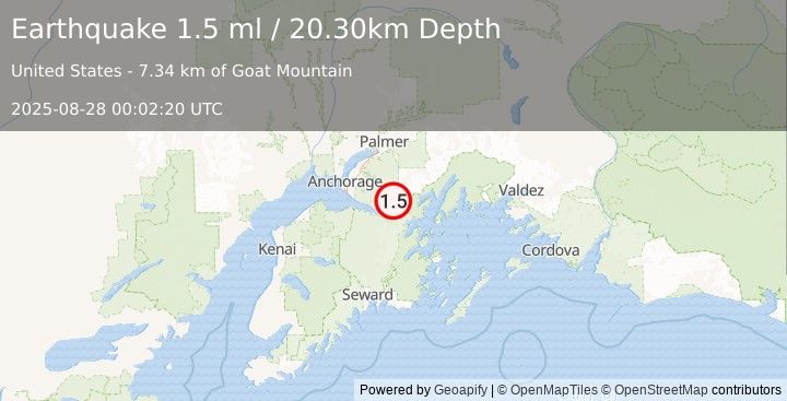 Earthquake 16 km NE of Girdwood, Alaska (1.5 ml) (2025-08-28 00:02:20 UTC)