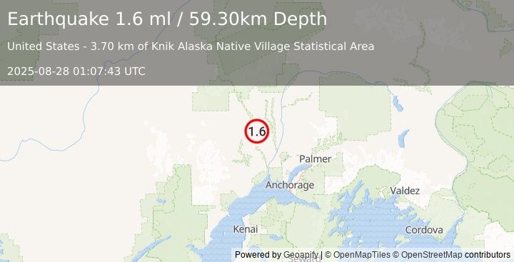 Earthquake 25 km E of Skwentna, Alaska (1.6 ml) (2025-08-28 01:07:43 UTC)