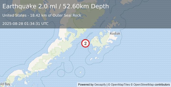 Earthquake 52 km SW of Karluk, Alaska (2.0 ml) (2025-08-28 01:34:31 UTC)