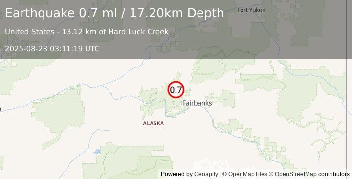 Earthquake 32 km E of Minto, Alaska (0.7 ml) (2025-08-28 03:11:19 UTC)