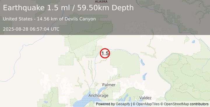 Earthquake 45 km NE of Chase, Alaska (1.5 ml) (2025-08-28 06:57:04 UTC)