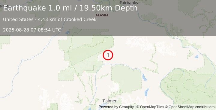 Earthquake 30 km SSW of Cantwell, Alaska (1.0 ml) (2025-08-28 07:08:54 UTC)