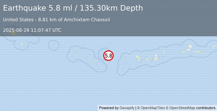Earthquake 237 km W of Adak, Alaska (5.8 ml) (2025-08-28 11:07:47 UTC)
