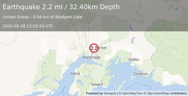 Earthquake 6 km SW of Meadow Lakes, Alaska (2.2 ml) (2025-08-28 12:03:53 UTC)