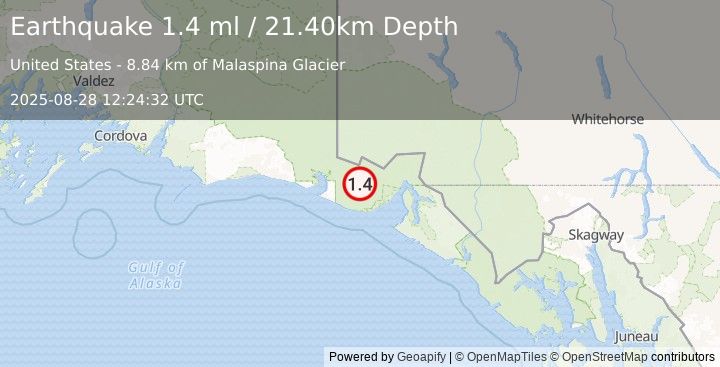 Earthquake 68 km NW of Yakutat, Alaska (1.4 ml) (2025-08-28 12:24:32 UTC)