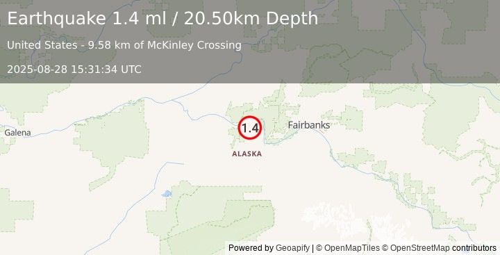 Earthquake 30 km NW of Four Mile Road, Alaska (1.4 ml) (2025-08-28 15:31:34 UTC)