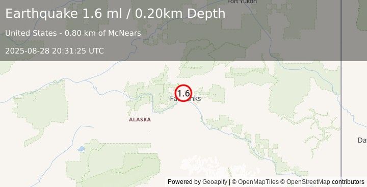Earthquake 5 km WNW of Farmers Loop, Alaska (1.6 ml) (2025-08-28 20:31:25 UTC)