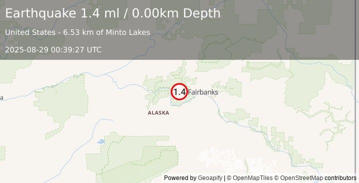 Earthquake 32 km NNE of Four Mile Road, Alaska (1.4 ml) (2025-08-29 00:39:27 UTC)