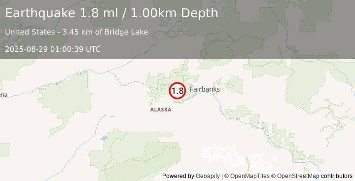 Earthquake 24 km NNE of Four Mile Road, Alaska (1.8 ml) (2025-08-29 01:00:39 UTC)