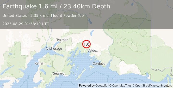 Earthquake 43 km NW of Valdez, Alaska (1.6 ml) (2025-08-29 01:58:10 UTC)