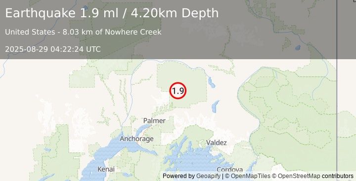 Earthquake 51 km NNW of Glacier View, Alaska (1.9 ml) (2025-08-29 04:22:24 UTC)
