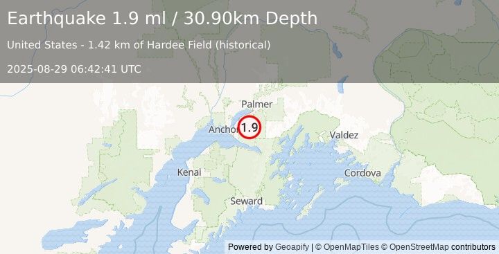 Earthquake 14 km SE of Eagle River, Alaska (1.9 ml) (2025-08-29 06:42:41 UTC)