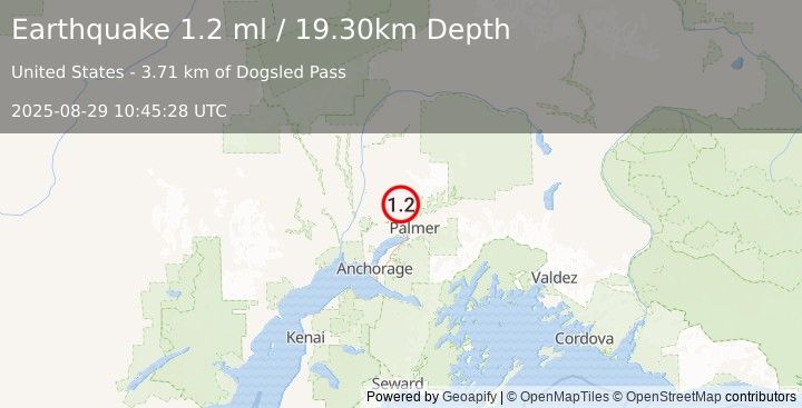 Earthquake 11 km NW of Fishhook, Alaska (1.2 ml) (2025-08-29 10:45:28 UTC)