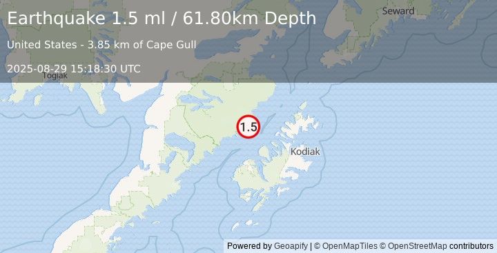 Earthquake 72 km NNE of Karluk, Alaska (1.5 ml) (2025-08-29 15:18:30 UTC)
