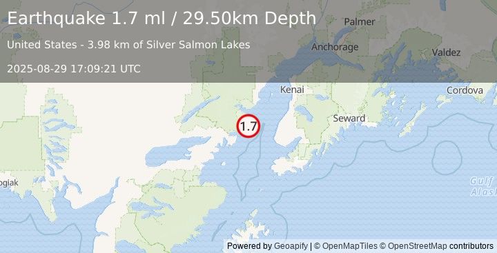 Earthquake 50 km WNW of Anchor Point, Alaska (1.7 ml) (2025-08-29 17:09:21 UTC)
