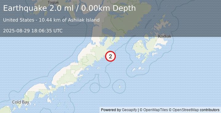 Earthquake 87 km SE of Ugashik, Alaska (2.0 ml) (2025-08-29 18:06:35 UTC)