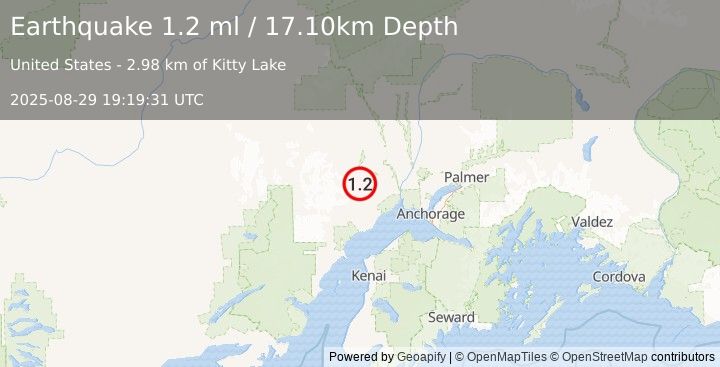 Earthquake 47 km NNW of Beluga, Alaska (1.2 ml) (2025-08-29 19:19:31 UTC)