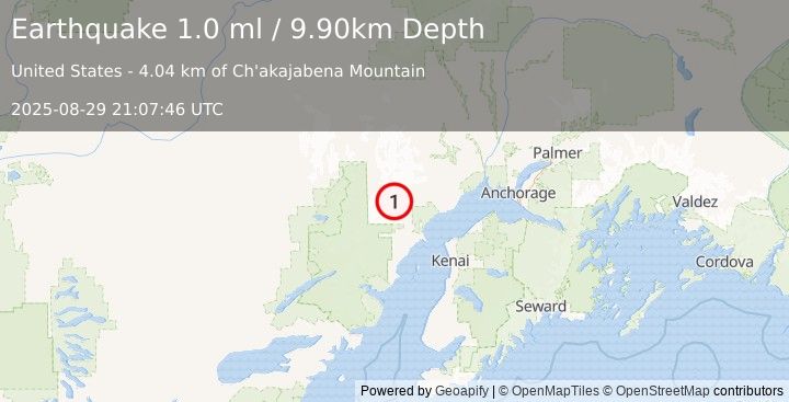 Earthquake 67 km W of Tyonek, Alaska (1.0 ml) (2025-08-29 21:07:46 UTC)