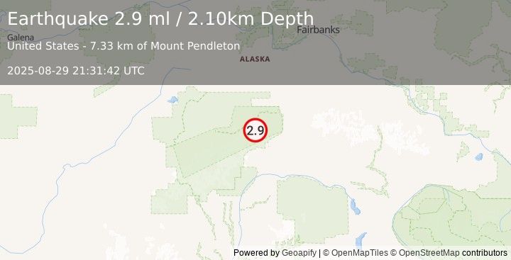 Earthquake 36 km WNW of Cantwell, Alaska (2.9 ml) (2025-08-29 21:31:42 UTC)